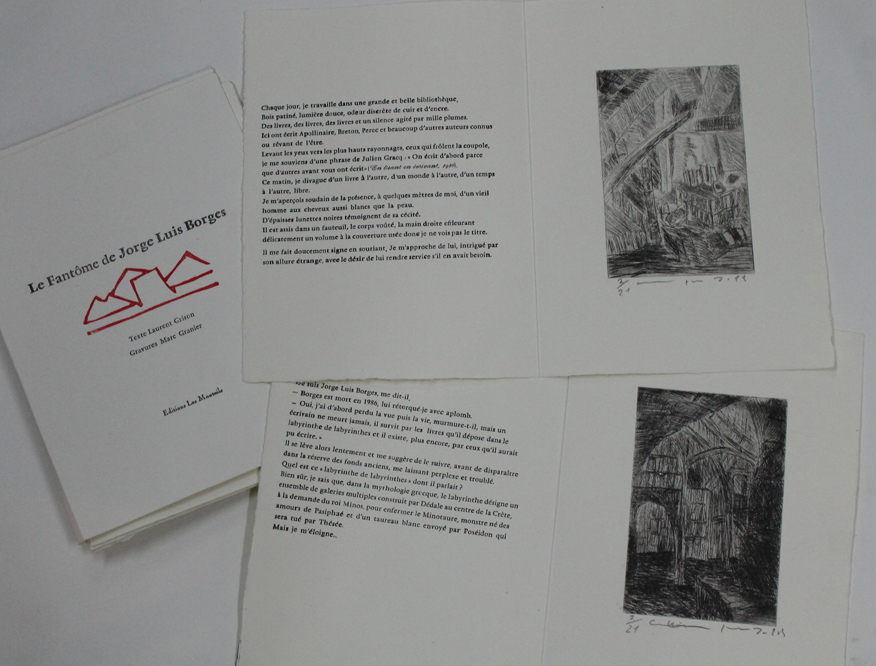 "Le Fantôme de Jorge Luis Borges" textes Laurent Grison gravures Marc Granier imprimé en plomb mobile sur une presse Minerve en 2019