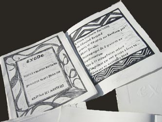 "EXODE" 5 textes de Chantal Bossard gravés par Marc Granier sur linogravures, accompagnés de 5 gravures au carborandon, achevés d\'imprimer sur une presse à bras, tirés à 21 exemplaires par Marc Granier dans son atelier aux Monteils à Roquedur en Cévennes  octobre 2007