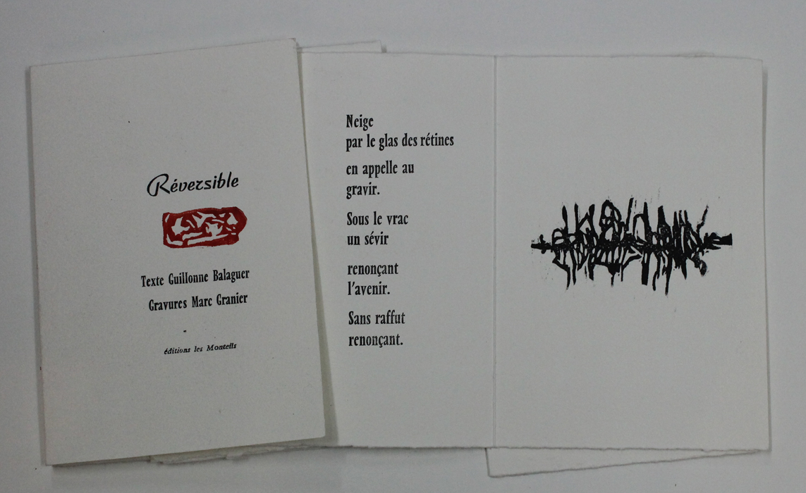 "Réversible" Texte Guillonne Balaguer gravurs Marc Granier imprimé en plomb mobile à l\'aide d\'une presse Minerve en 2019