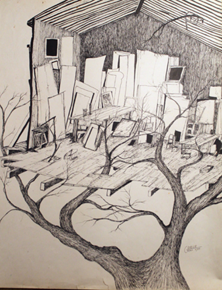 L\'atelier dans les arbres dessin rotring 50 x80 dessiné à Lorient 96 rue Paul Guisse en 1981