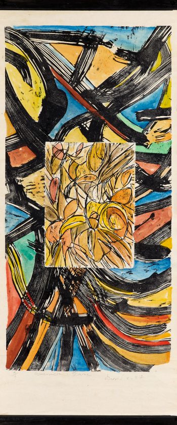 Marc Granier 38 – 115 x 54 cm – Gravure sur bois marouflée sur toile aquarellée