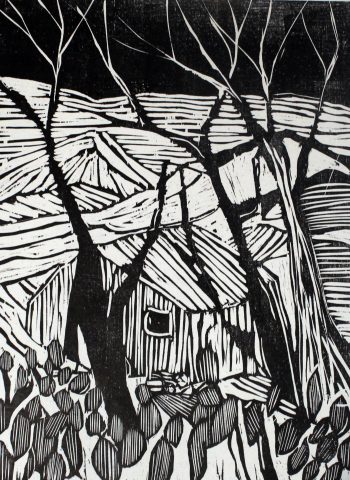 70x50cm / gravure sur bois “Maison sous les arbres